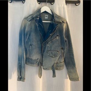 NSF Nikki distressed belted denim jean Moto jacket